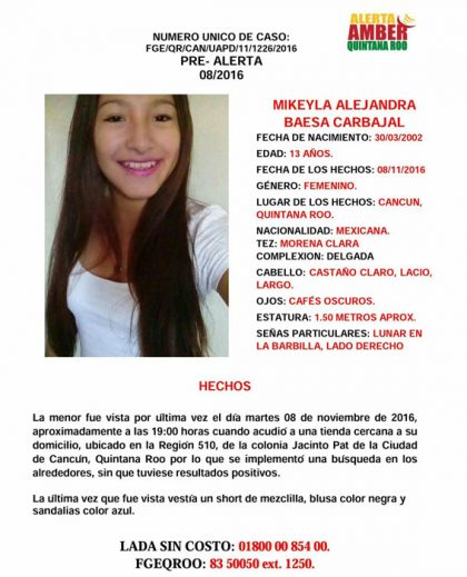 Los familiares de la menor solicitaron el apoyo de la ciudadanía para dar con el paradero de Mikeyla Alejandra; en caso de tener información llamar al 01 800 00 854 00 y 83 500 50, extensión 1250.